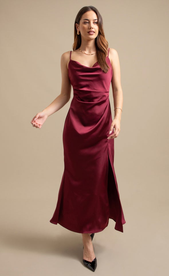 Satin Bias Split Detail Gown Burgundy