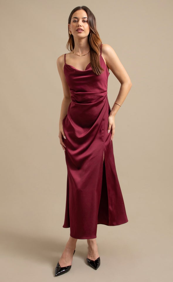 Satin Bias Split Detail Gown Burgundy