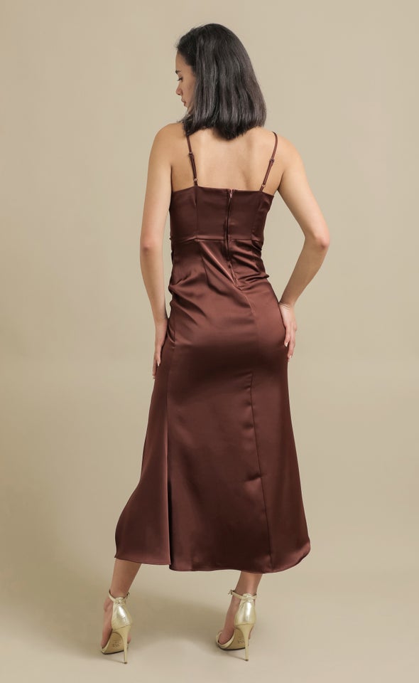 Satin Bias Split Detail Gown Chocolate