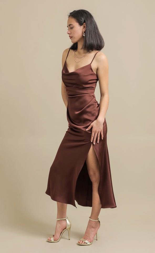Satin Bias Split Detail Gown Chocolate