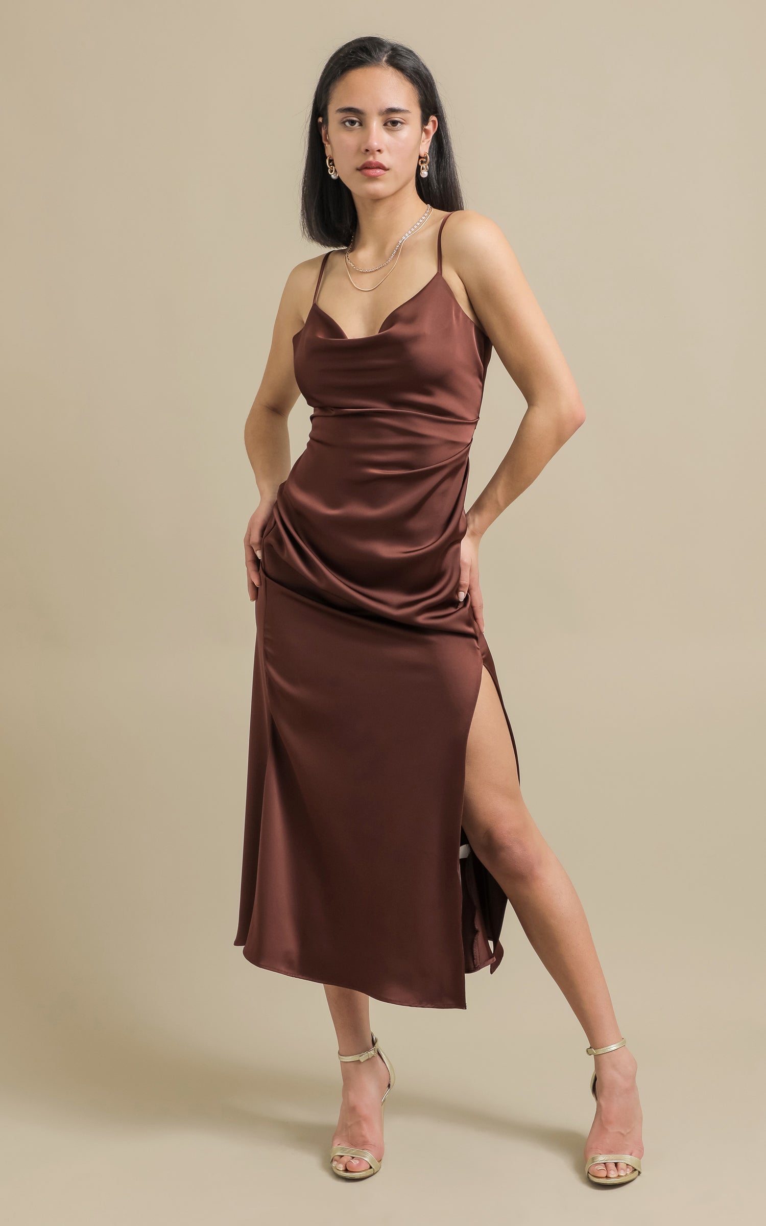 Satin Bias Split Detail Gown Pagani