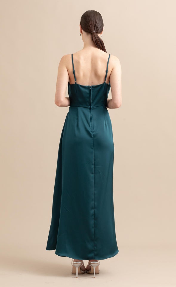 Satin Bias Split Detail Gown Dark Emerald