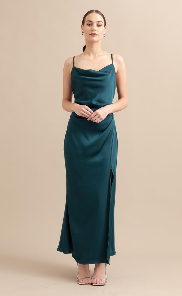 Satin Bias Split Detail Gown Dark Emerald