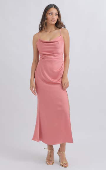 dusky pink satin dress ASOS DESIGN satin flutter sleeve maxi dress in dusky rose