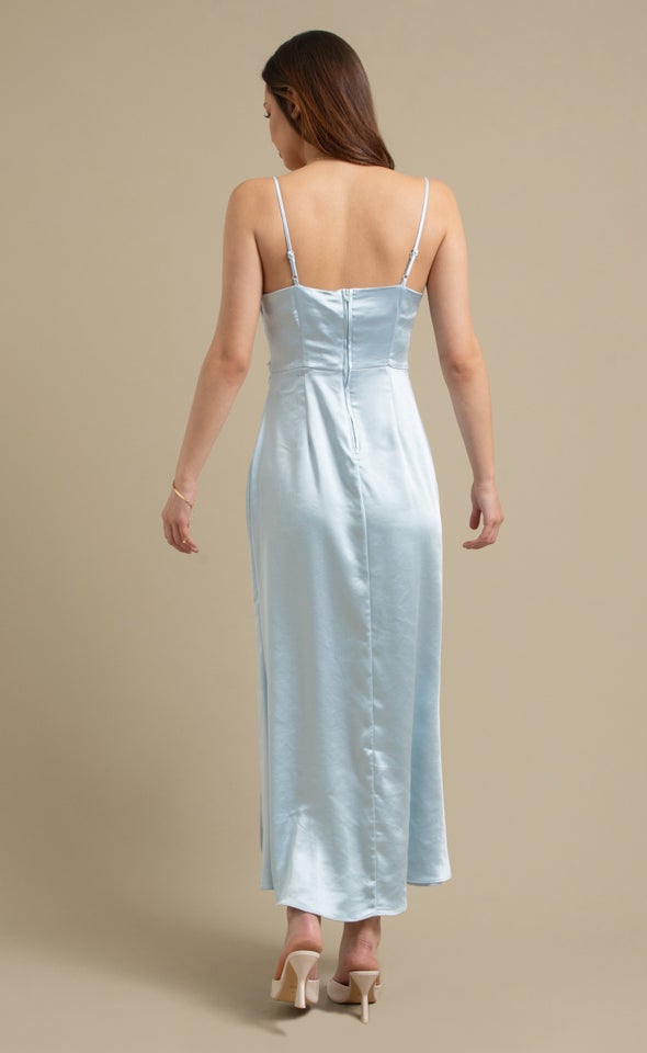 Satin Bias Split Detail Gown Ice Blue