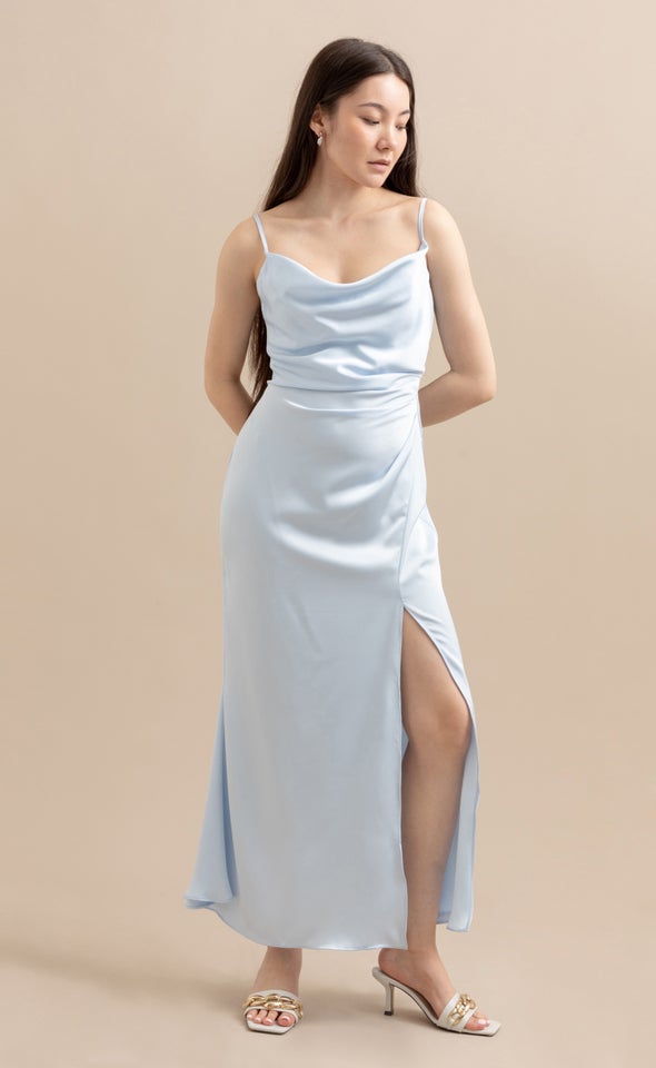 Satin Bias Split Detail Gown Ice Blue