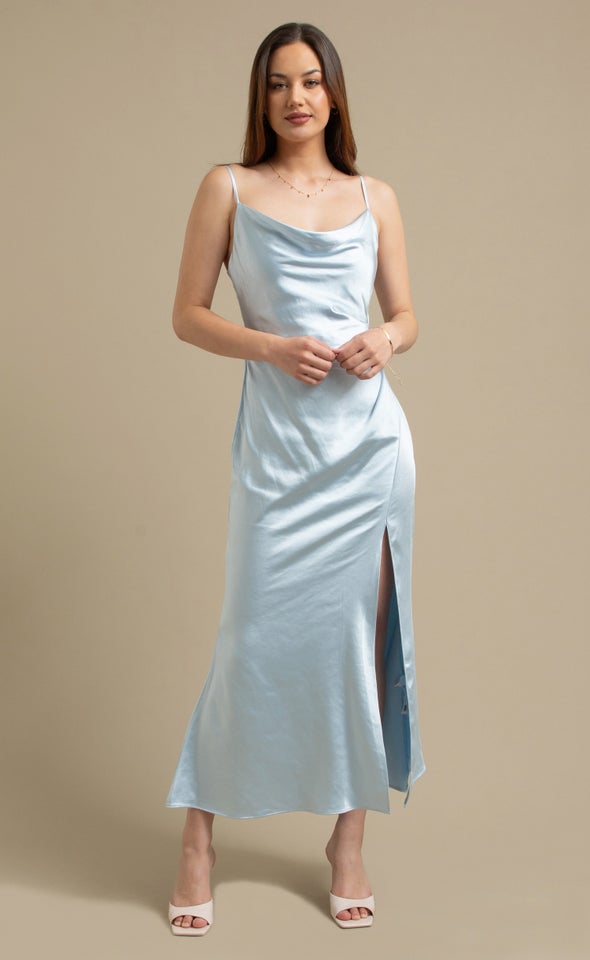 Satin Bias Split Detail Gown Ice Blue