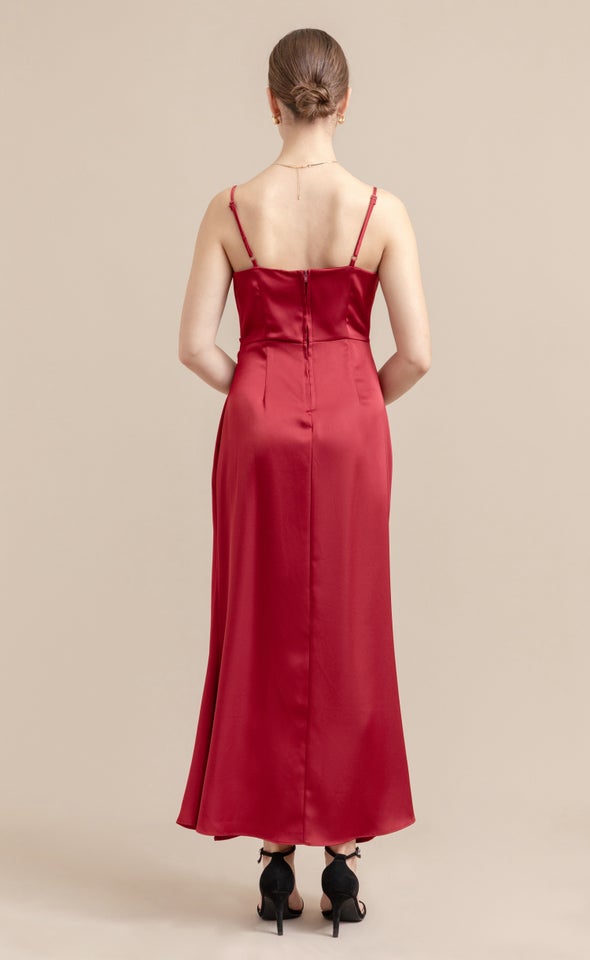 Satin Bias Split Detail Gown Maroon