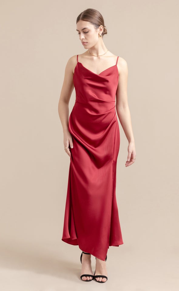 Satin Bias Split Detail Gown Maroon