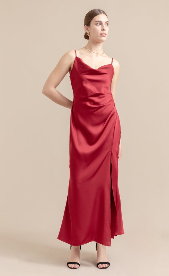 Satin Bias Split Detail Gown Maroon