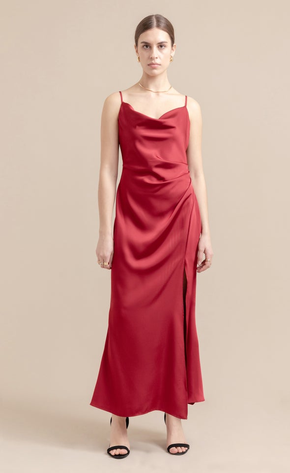 Satin Bias Split Detail Gown Maroon