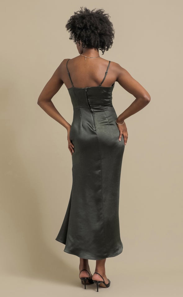Satin Bias Split Detail Gown Olive