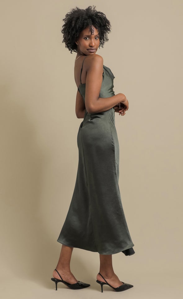 Satin Bias Split Detail Gown Olive