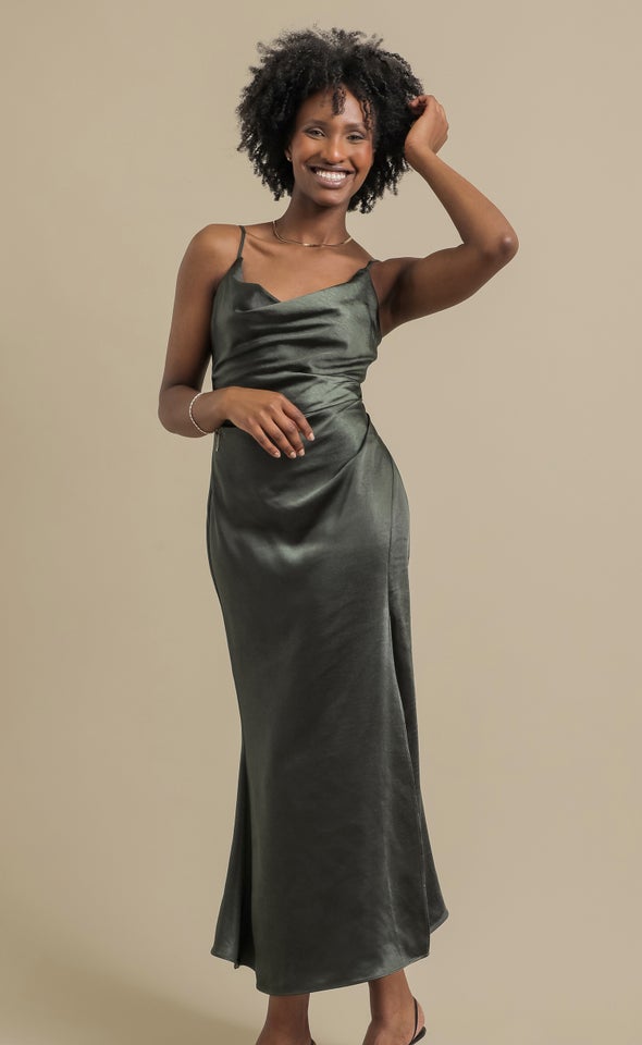 Satin Bias Split Detail Gown Olive