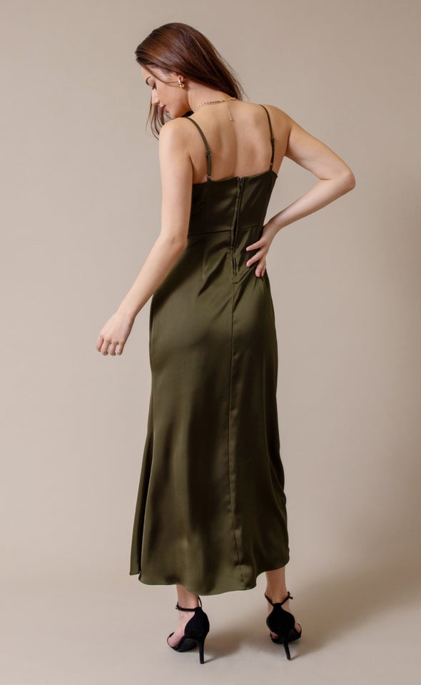 Satin Bias Split Detail Gown Olive Green