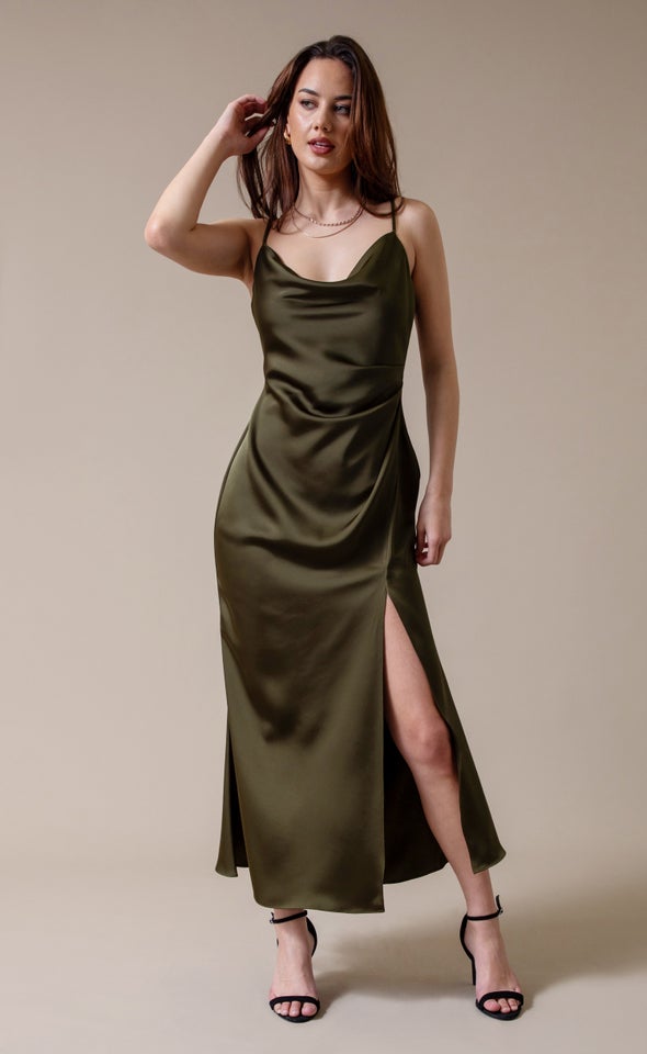 Satin Bias Split Detail Gown Olive Green