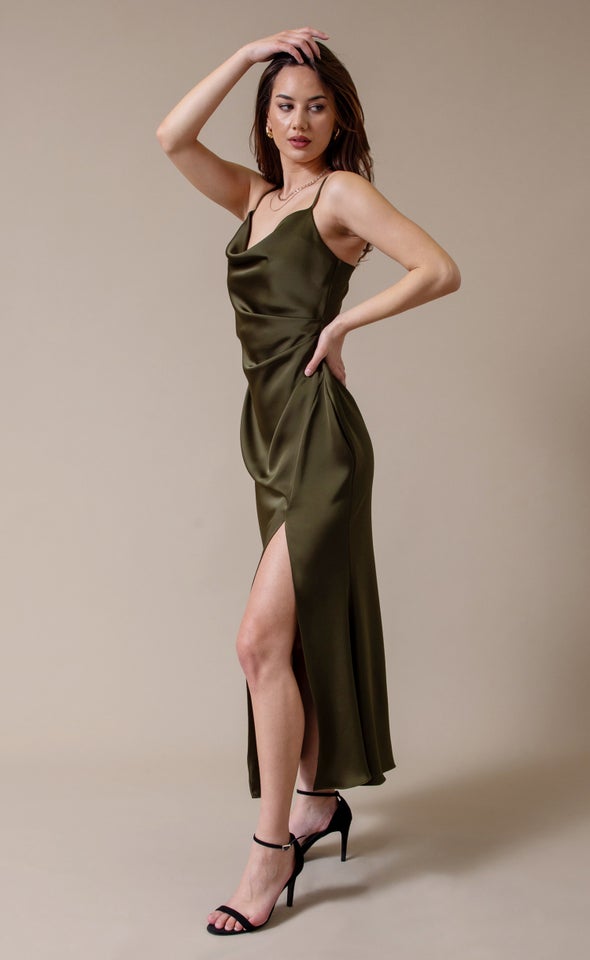 Satin Bias Split Detail Gown Olive Green