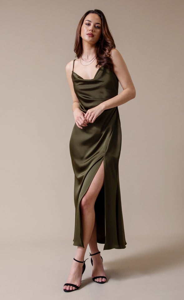 Satin Bias Split Detail Gown Olive Green