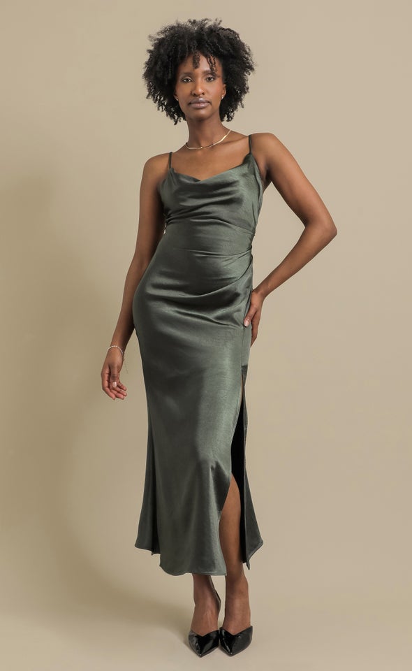 Satin Bias Split Detail Gown Olive