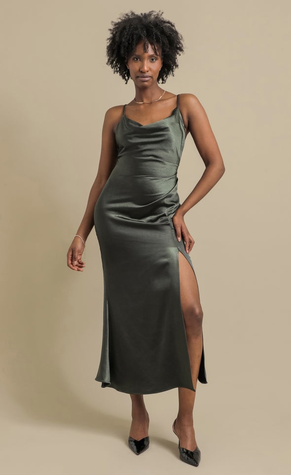 Satin Bias Split Detail Gown Olive
