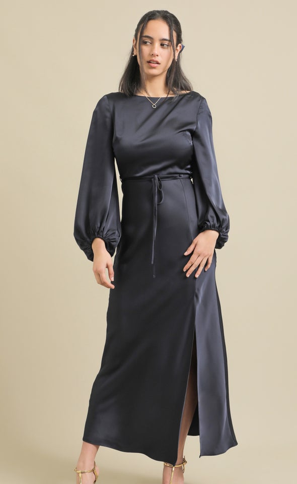 Satin Boat Neck LS Gown Ink
