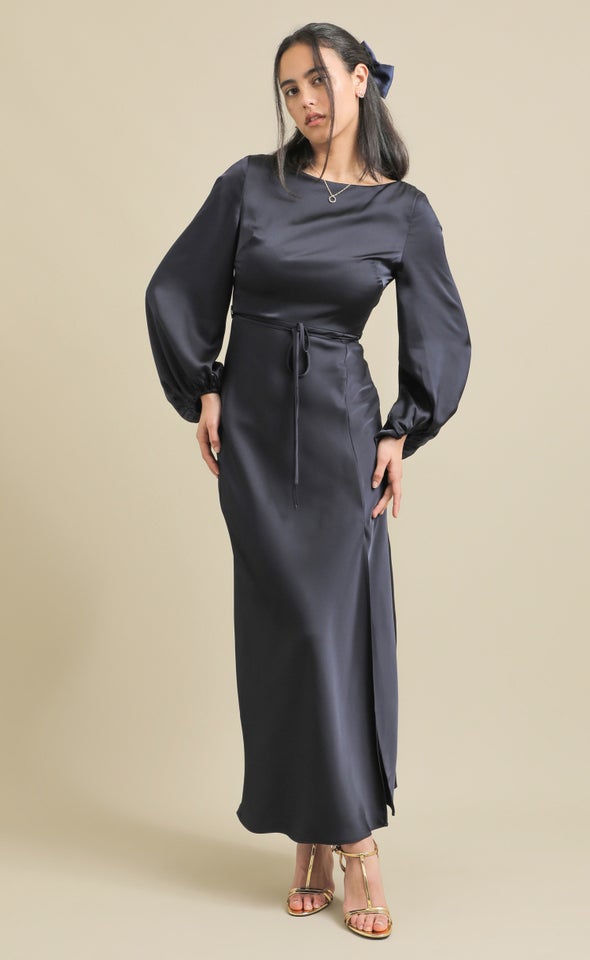Satin Boat Neck LS Gown Ink
