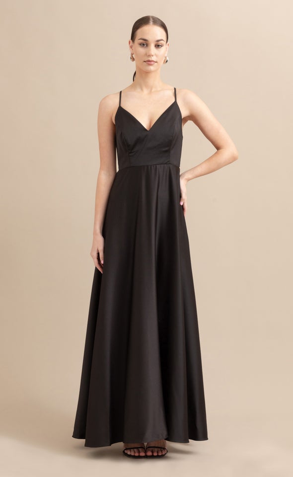 Satin Bow Tie Back Gown Black