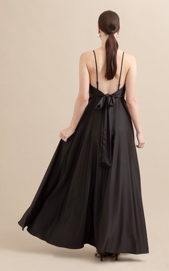 Satin Bow Tie Back Gown Black