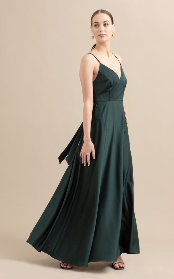 Satin Bow Tie Back Gown Dark Emerald