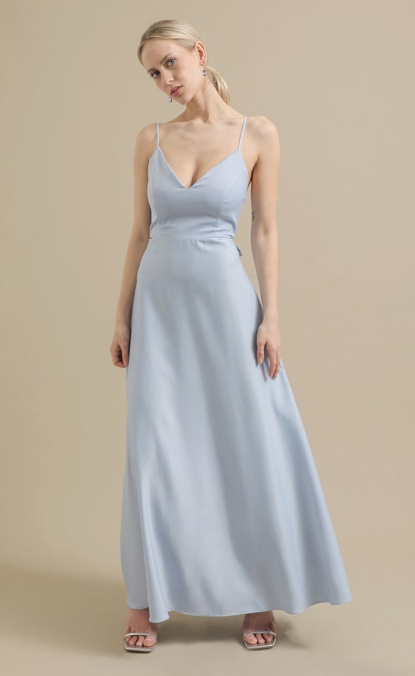 Satin Bow Tie Back Gown Ice Blue
