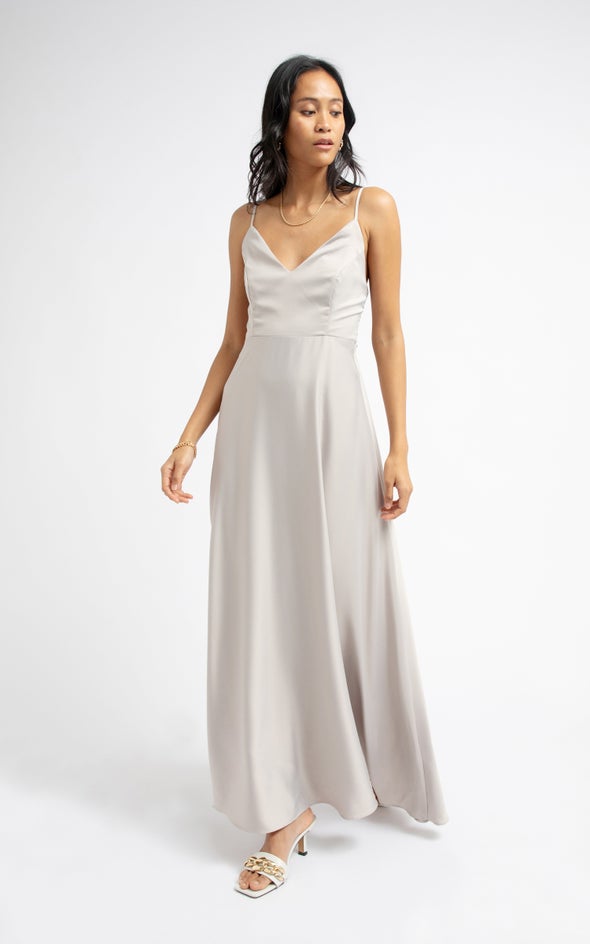 Satin Bow Tie Back Gown Oyster
