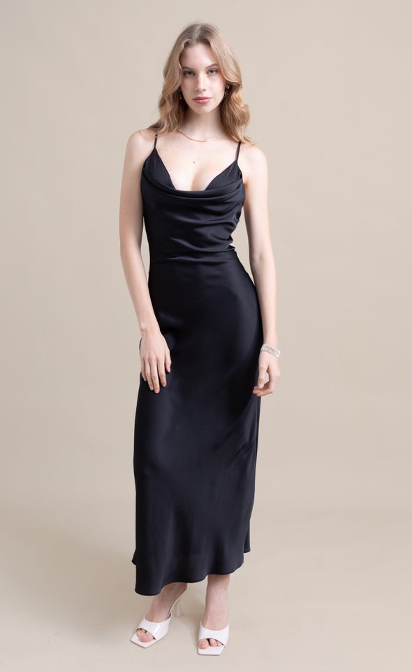 Satin Bralette Cowl Slip Gown Black
