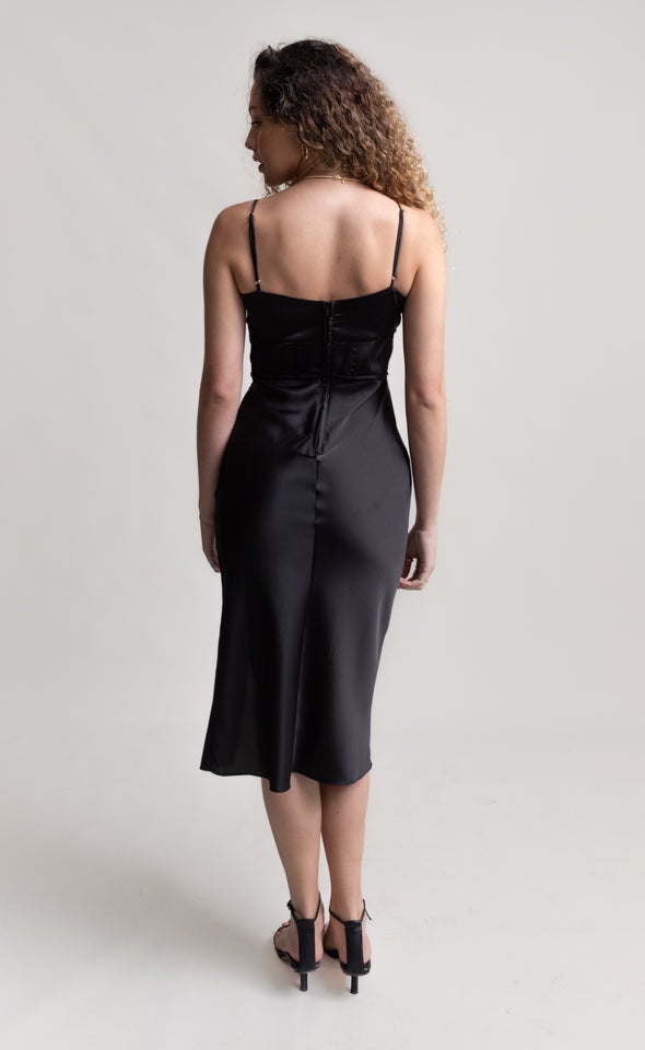 Satin Corset Detail Midi Dress Black