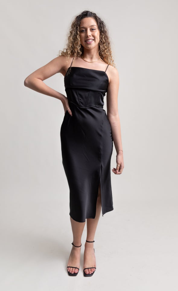 Satin Corset Detail Midi Dress Black