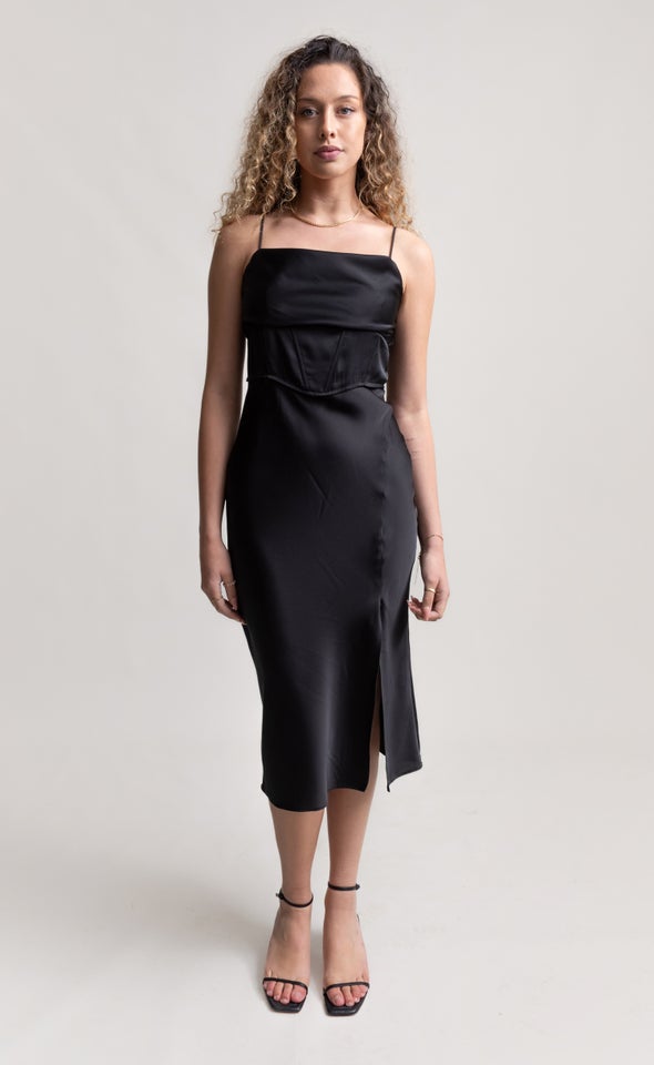 Satin Corset Detail Midi Dress Black