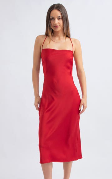 Shop our Satin Cowl Cross Back Dress in Red wine | Pagani