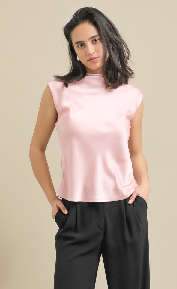 Satin Cowl Neck Top Blush