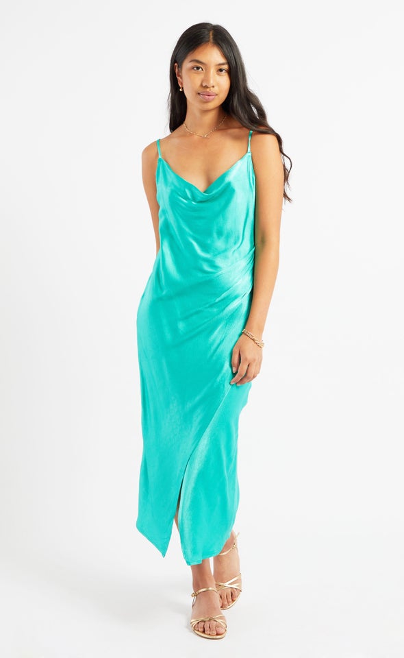 Satin Cowl Split Hem Dress Aquamarine