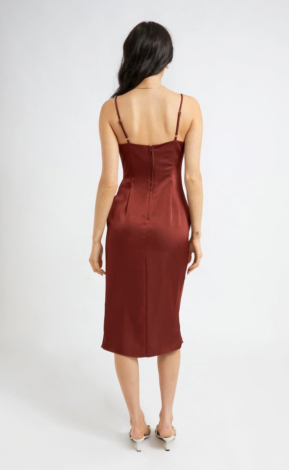 Satin Cowl Split Hem Dress Aubergine