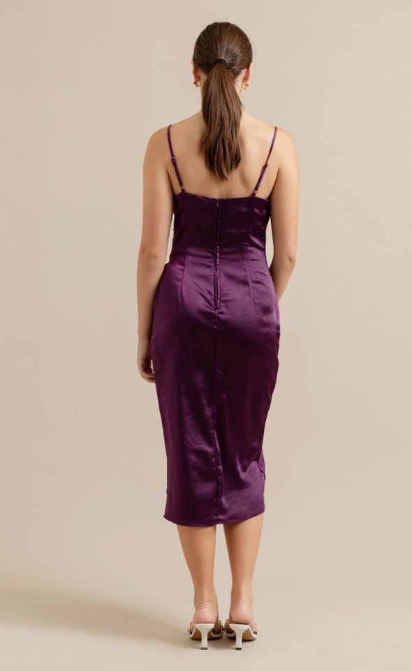 Satin Cowl Split Hem Dress Aubergine