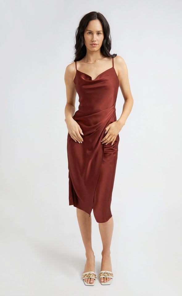 Satin Cowl Split Hem Dress Aubergine