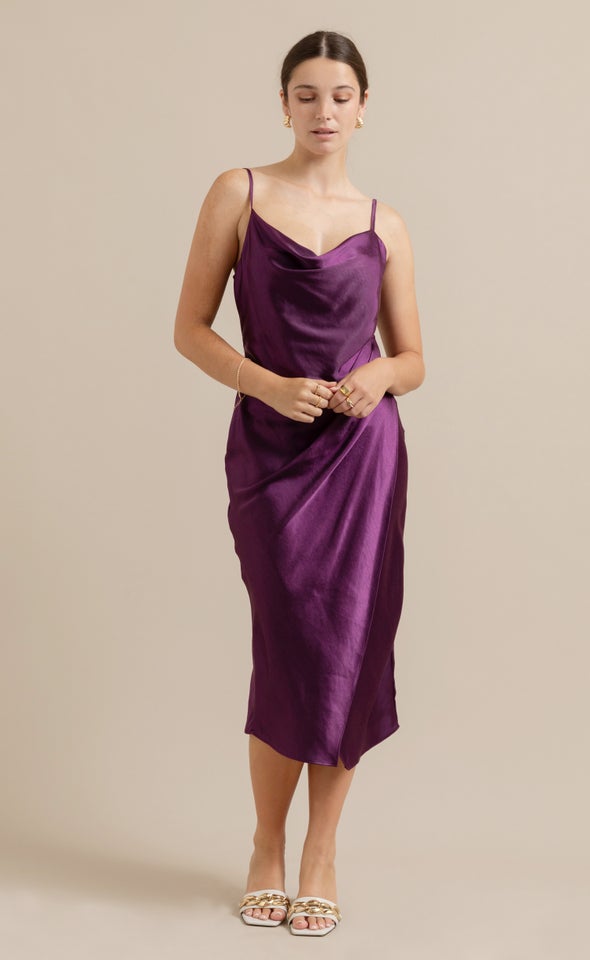 Satin Cowl Split Hem Dress Aubergine