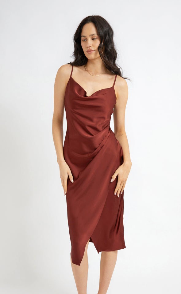 Satin Cowl Split Hem Dress Aubergine
