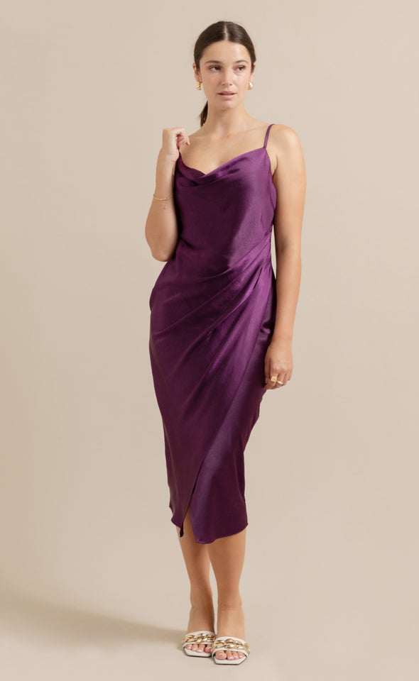 Satin Cowl Split Hem Dress Aubergine