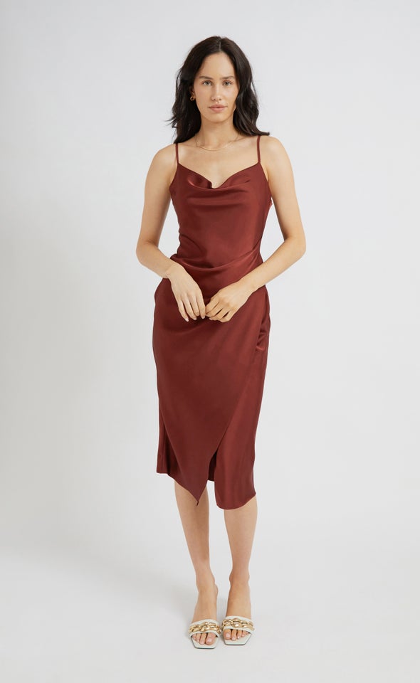 Satin Cowl Split Hem Dress Aubergine