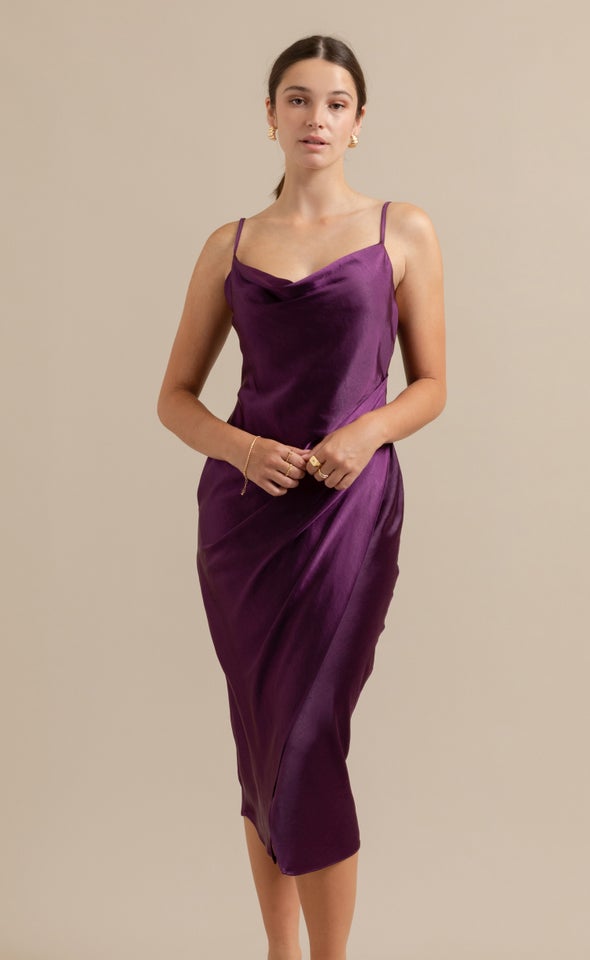 Satin Cowl Split Hem Dress Aubergine