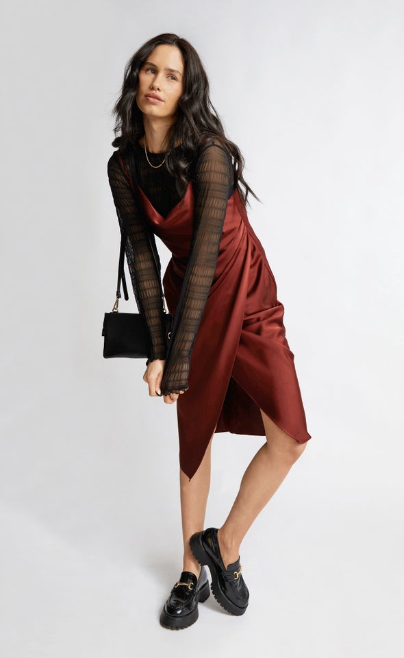 Satin Cowl Split Hem Dress Aubergine