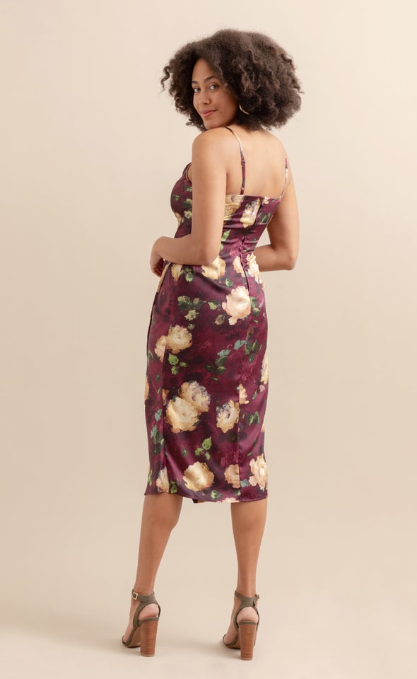 Satin Cowl Split Hem Dress Aubergine/floral