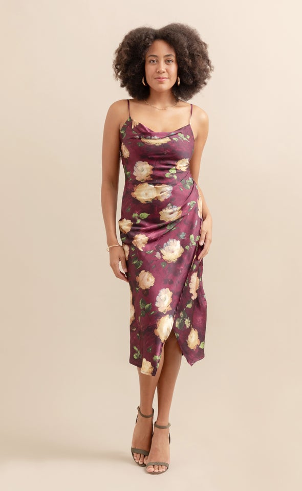 Satin Cowl Split Hem Dress Aubergine/floral