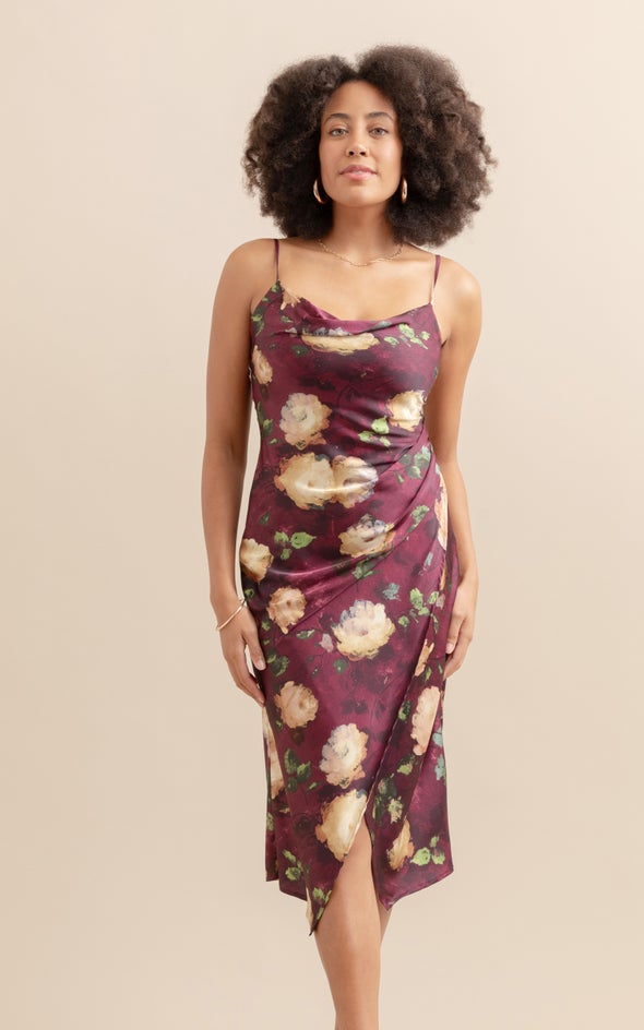 Satin Cowl Split Hem Dress Aubergine/floral